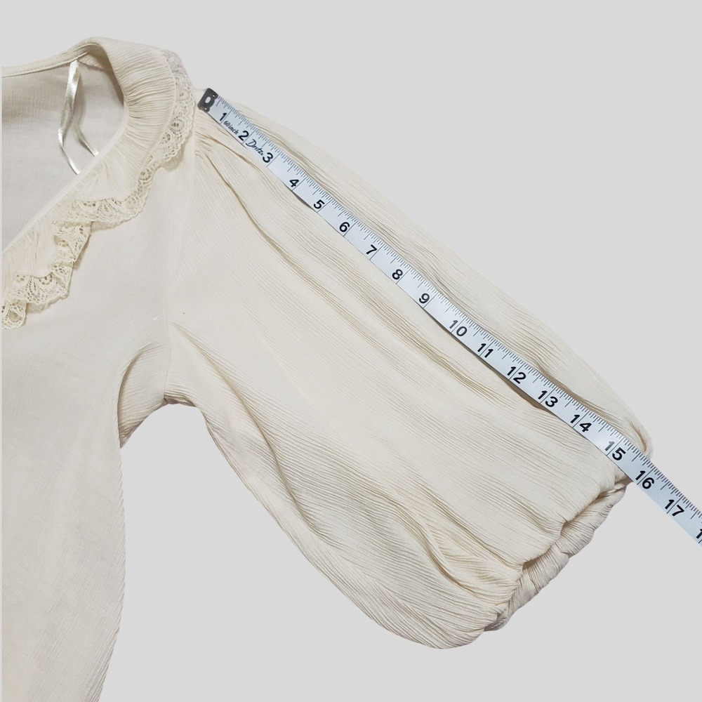 Zara Womens Cream Lace Ruffle V-Neck Button Front Balloon Sleeve Blouse Small - Picture 10 of 12